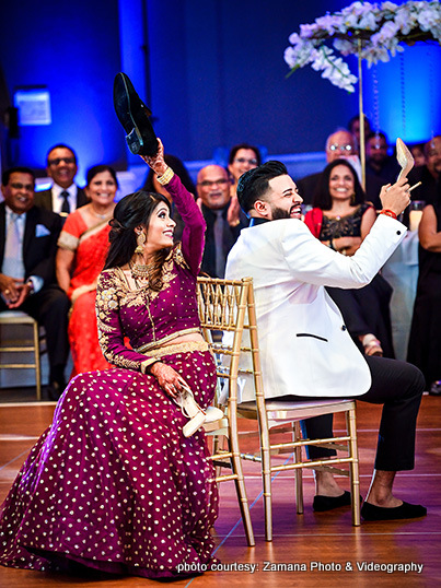 Indian Bride and groom at reception game.